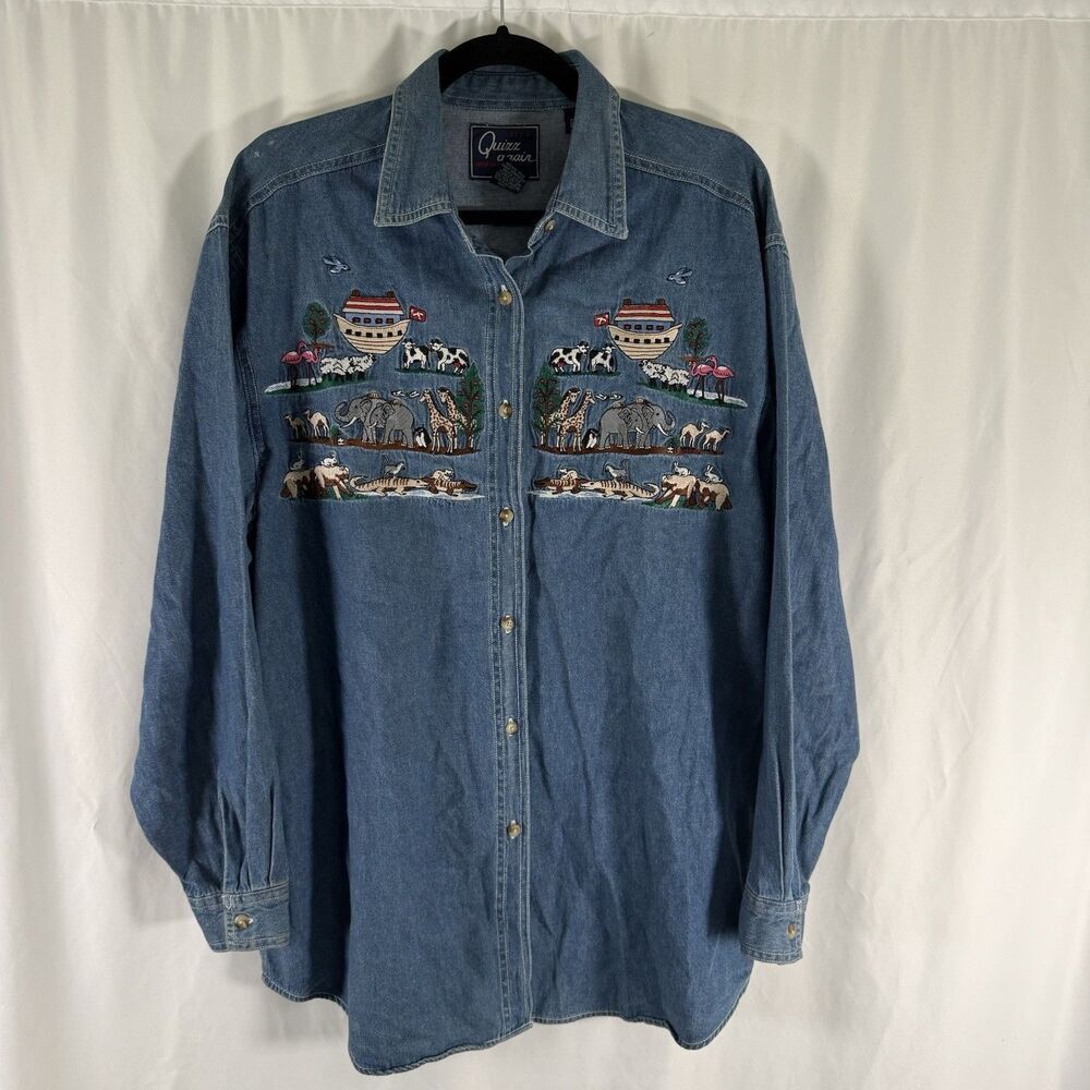 Quizz Again Embroidered Shirt Women's Large Chambray Noah's Ark Long Sleeve Cott